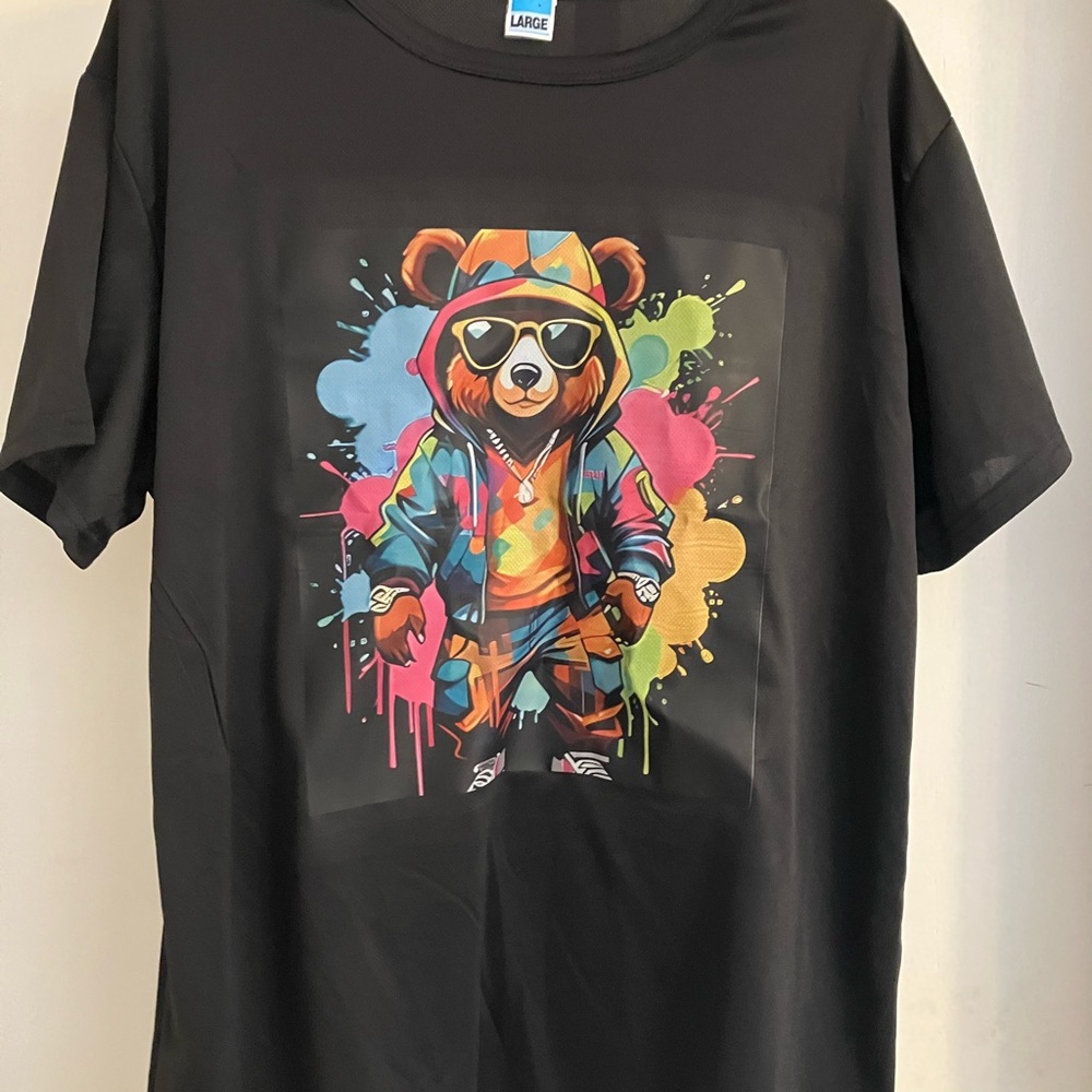 Black Short Sleeve Tee with Colorful Bear Graphic Design